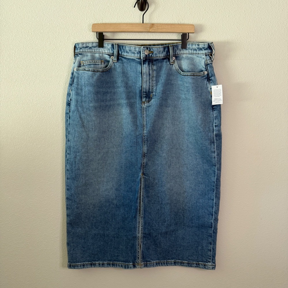 LANDS END Womens Cotton Denim Front Slit Midi Jean Skirt Size 18 Casual Capsule